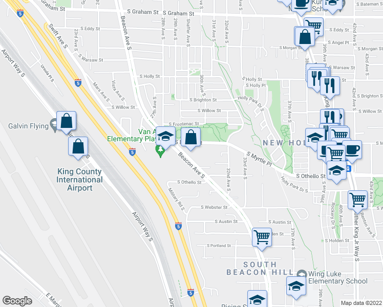 map of restaurants, bars, coffee shops, grocery stores, and more near 7144 Beacon Avenue South in Seattle