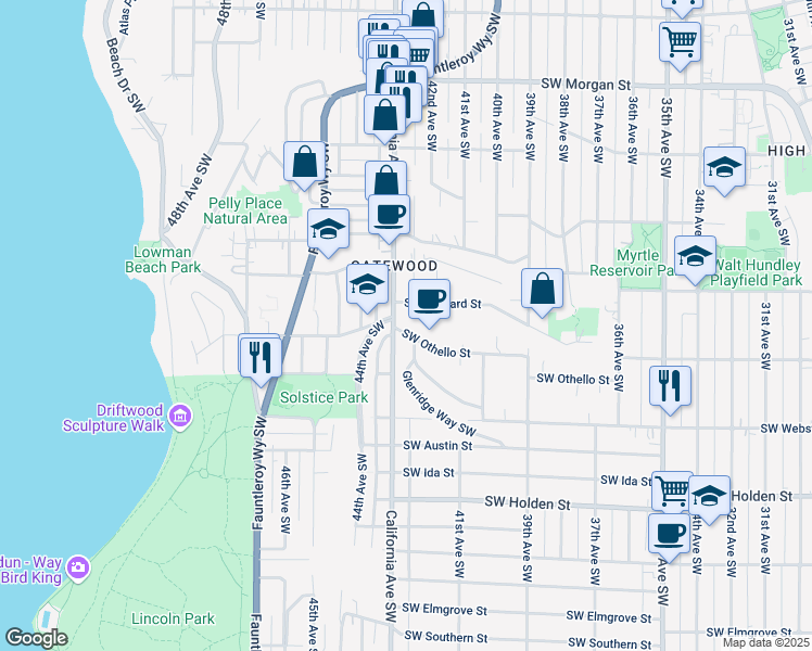 map of restaurants, bars, coffee shops, grocery stores, and more near 4120 Southwest Othello Street in Seattle