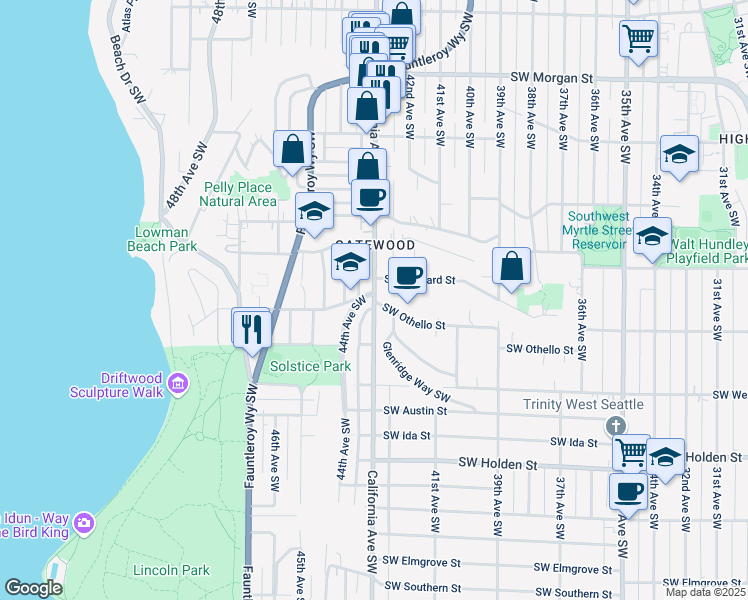 map of restaurants, bars, coffee shops, grocery stores, and more near 7308 44th Avenue Southwest in Seattle