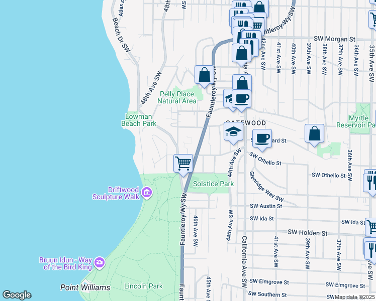 map of restaurants, bars, coffee shops, grocery stores, and more near 4622 Southwest Othello Street in Seattle