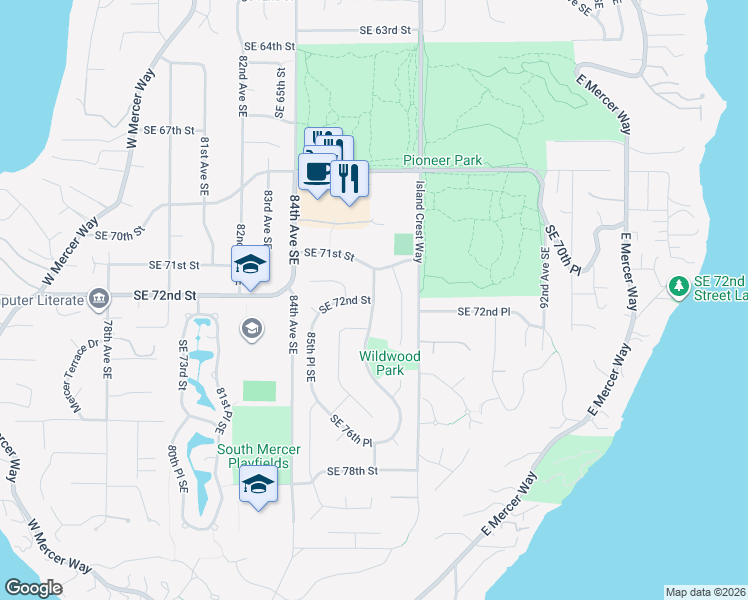 map of restaurants, bars, coffee shops, grocery stores, and more near Southeast 72nd Street in Mercer Island