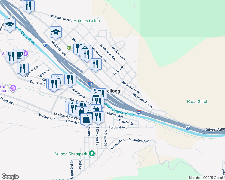 map of restaurants, bars, coffee shops, grocery stores, and more near 1-115 W Cameron Ave in Kellogg