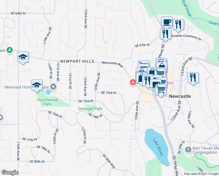 map of restaurants, bars, coffee shops, grocery stores, and more near 12548 Southeast 73rd Street in Newcastle