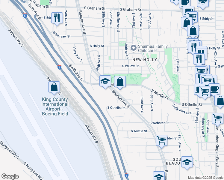 map of restaurants, bars, coffee shops, grocery stores, and more near 7144 Beacon Avenue South in Seattle