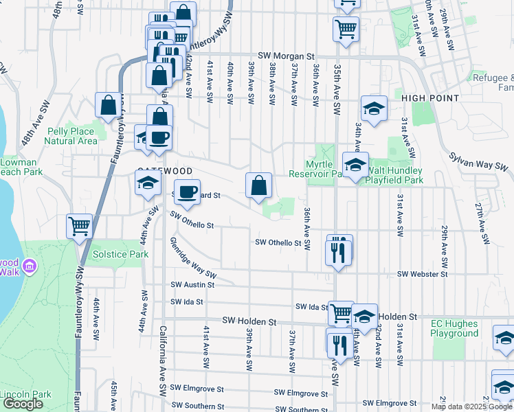 map of restaurants, bars, coffee shops, grocery stores, and more near 3843 Southwest Orchard Street in Seattle
