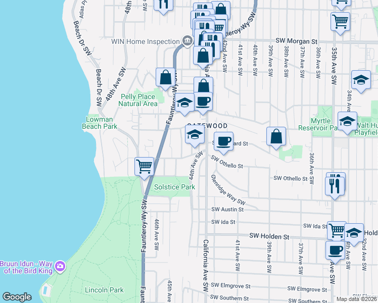 map of restaurants, bars, coffee shops, grocery stores, and more near 7304 Vashon Place Southwest in Seattle