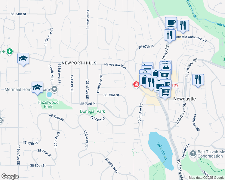 map of restaurants, bars, coffee shops, grocery stores, and more near 12548 Southeast 73rd Street in Newcastle