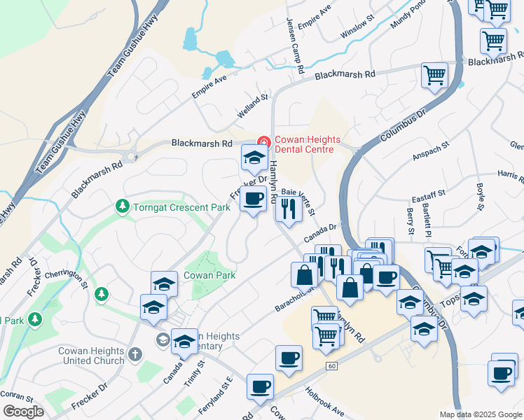 map of restaurants, bars, coffee shops, grocery stores, and more near 19 A Greenspond Drive in St. John's