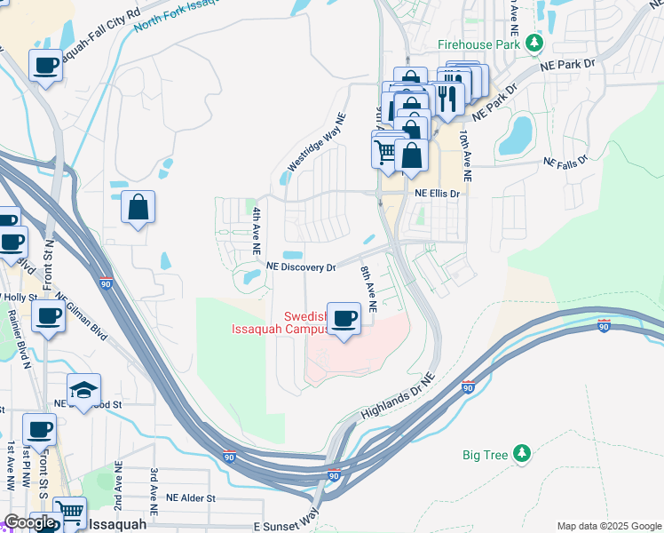 map of restaurants, bars, coffee shops, grocery stores, and more near Northeast Discovery Drive in Issaquah