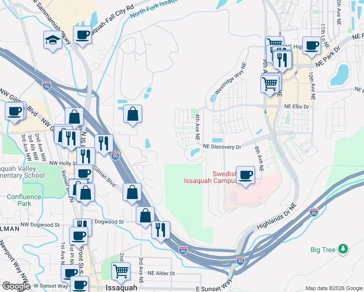 map of restaurants, bars, coffee shops, grocery stores, and more near 1350 1st Avenue Northeast in Issaquah