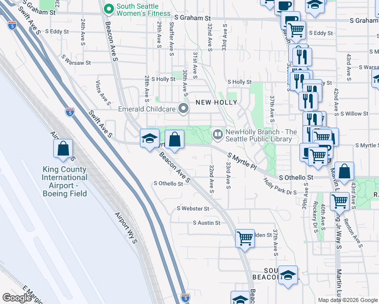 map of restaurants, bars, coffee shops, grocery stores, and more near 7160 Beacon Avenue South in Seattle