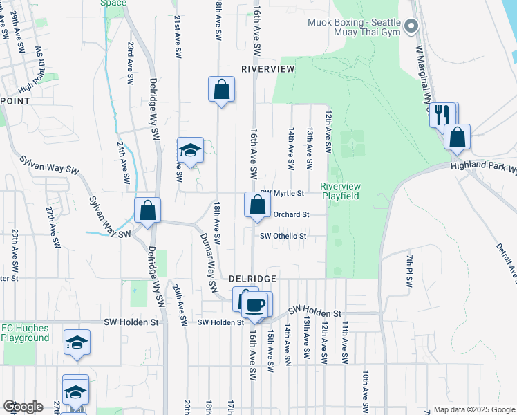 map of restaurants, bars, coffee shops, grocery stores, and more near 1299 Southwest Orchard Street in Seattle
