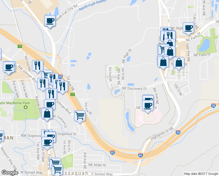 map of restaurants, bars, coffee shops, grocery stores, and more near 801 3rd Place Northeast in Issaquah