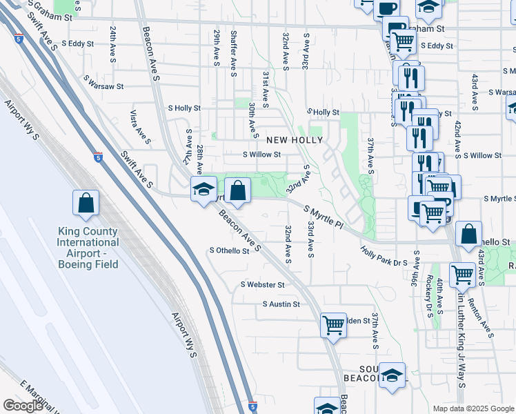 map of restaurants, bars, coffee shops, grocery stores, and more near 3001 South Myrtle Street in Seattle