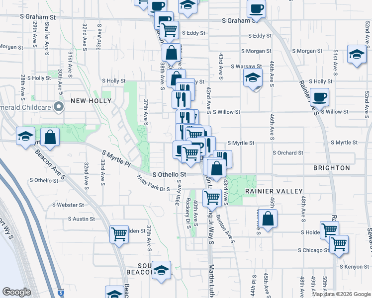 map of restaurants, bars, coffee shops, grocery stores, and more near 7101 Martin Luther King Jr Way S in Seattle