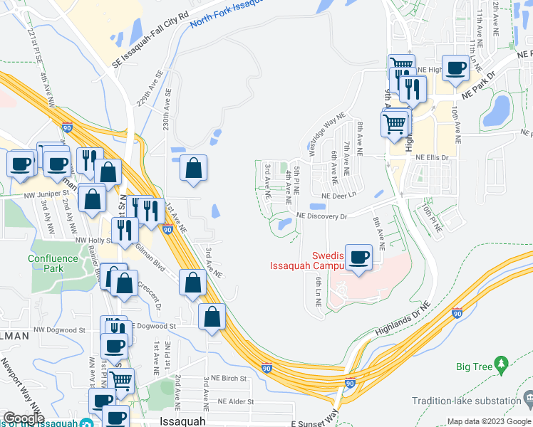 map of restaurants, bars, coffee shops, grocery stores, and more near 801 3rd Place Northeast in Issaquah