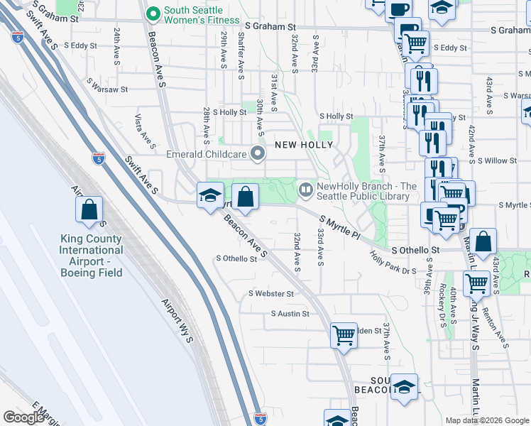 map of restaurants, bars, coffee shops, grocery stores, and more near 3001 South Myrtle Street in Seattle