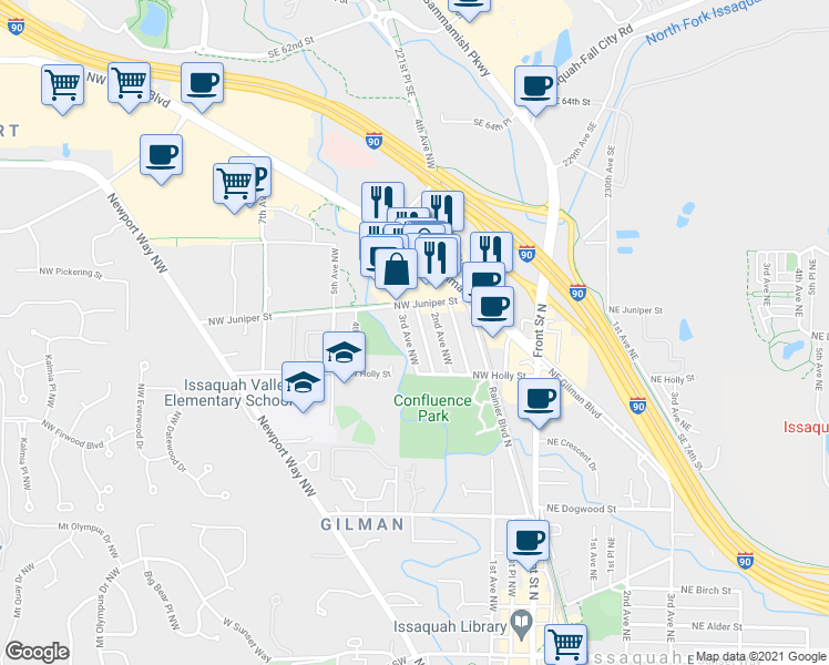 map of restaurants, bars, coffee shops, grocery stores, and more near 320 Northwest Holly Street in Issaquah