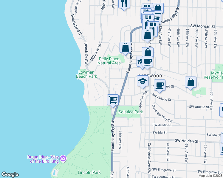 map of restaurants, bars, coffee shops, grocery stores, and more near 7132 47th Avenue Southwest in Seattle