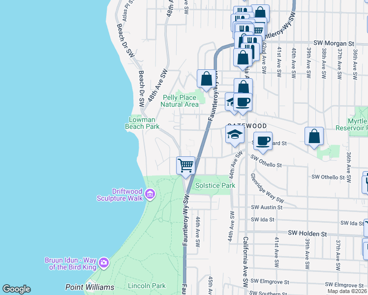 map of restaurants, bars, coffee shops, grocery stores, and more near 4622 Southwest Othello Street in Seattle