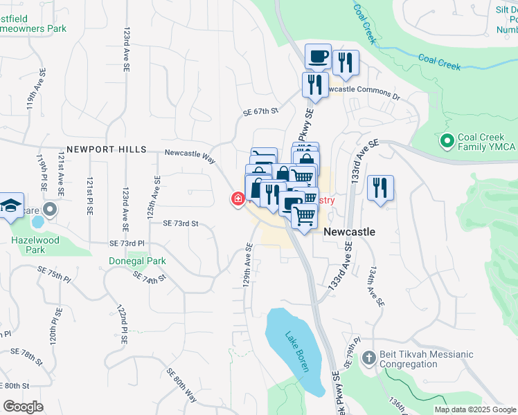 map of restaurants, bars, coffee shops, grocery stores, and more near 12901 Newcastle Way in Newcastle