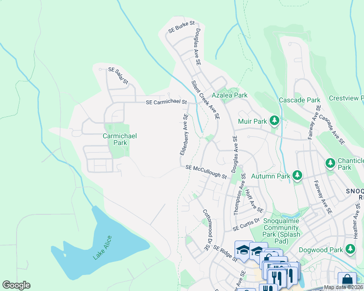 map of restaurants, bars, coffee shops, grocery stores, and more near 6921 Elderberry Avenue Southeast in Snoqualmie