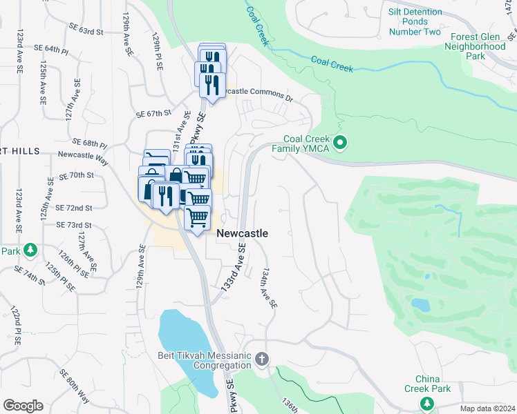 map of restaurants, bars, coffee shops, grocery stores, and more near 13209 Newcastle Way in Newcastle