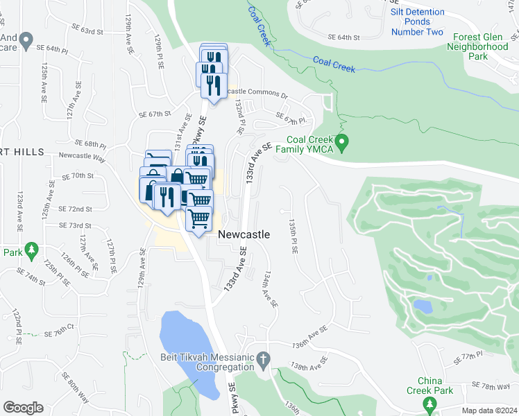 map of restaurants, bars, coffee shops, grocery stores, and more near 13209 Newcastle Way in Newcastle