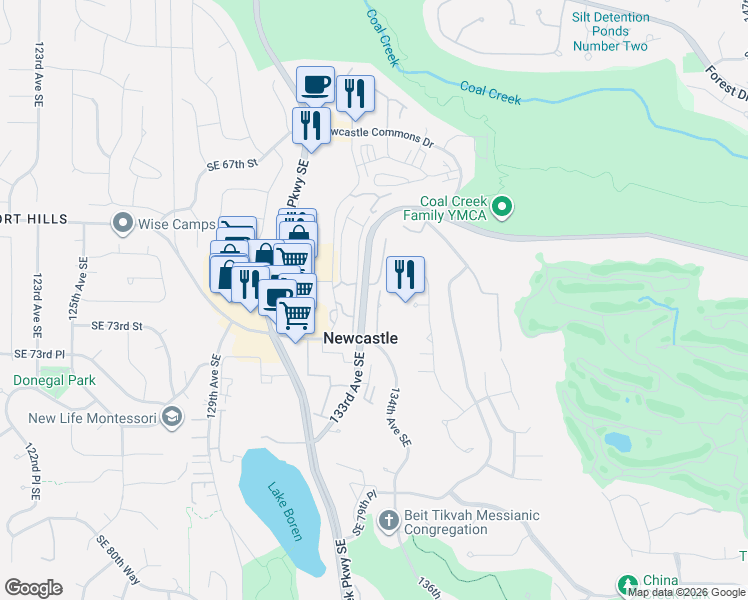 map of restaurants, bars, coffee shops, grocery stores, and more near 13209 Newcastle Way in Newcastle