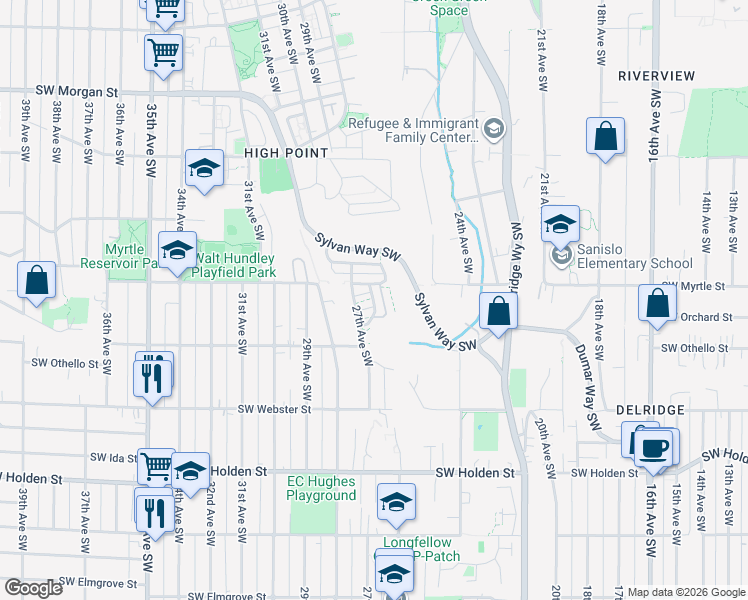 map of restaurants, bars, coffee shops, grocery stores, and more near 7164 Shinkle Place Southwest in Seattle