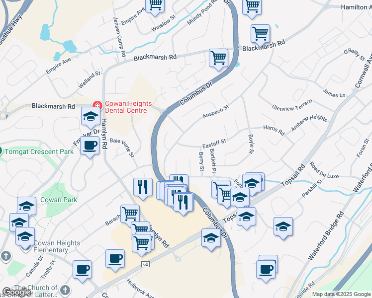 map of restaurants, bars, coffee shops, grocery stores, and more near 47 Eastaff Street in St. John's