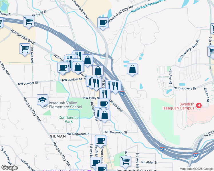 map of restaurants, bars, coffee shops, grocery stores, and more near 80 Northeast Gilman Boulevard in Issaquah