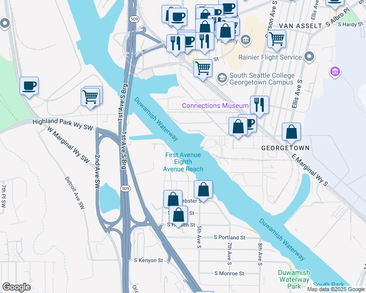 map of restaurants, bars, coffee shops, grocery stores, and more near 4206 South 122nd Street in Tukwila