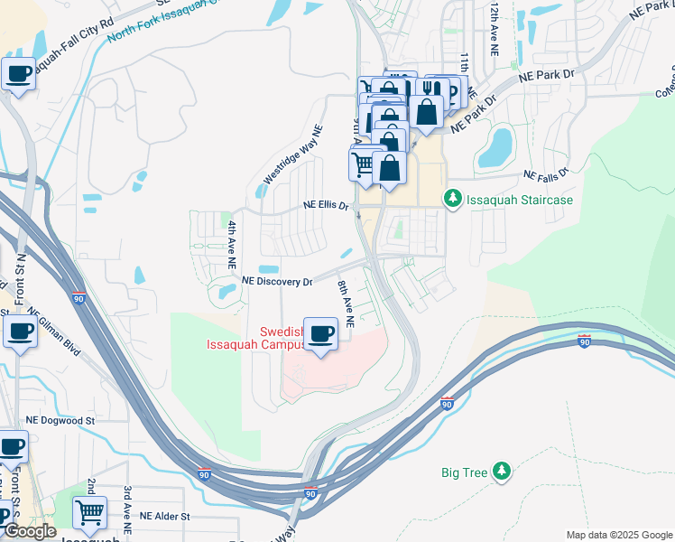 map of restaurants, bars, coffee shops, grocery stores, and more near Northeast Discovery Drive in Issaquah