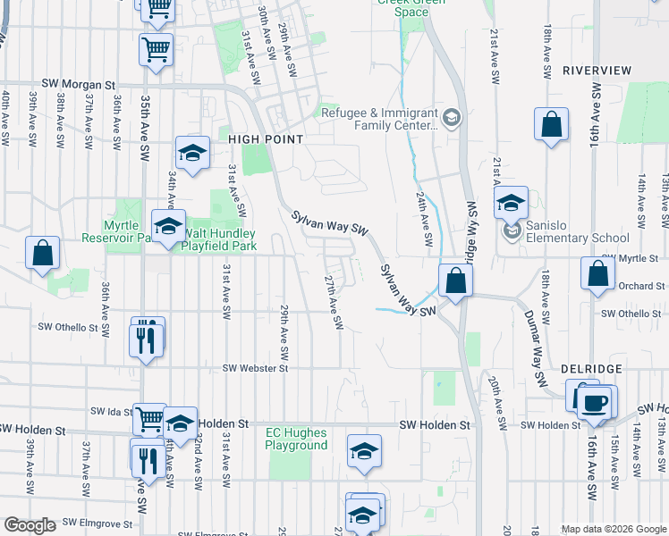 map of restaurants, bars, coffee shops, grocery stores, and more near 2667 Southwest Sylvan Heights Drive in Seattle