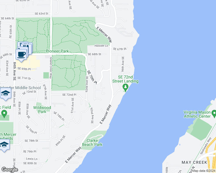map of restaurants, bars, coffee shops, grocery stores, and more near 7111 East Mercer Way in Mercer Island