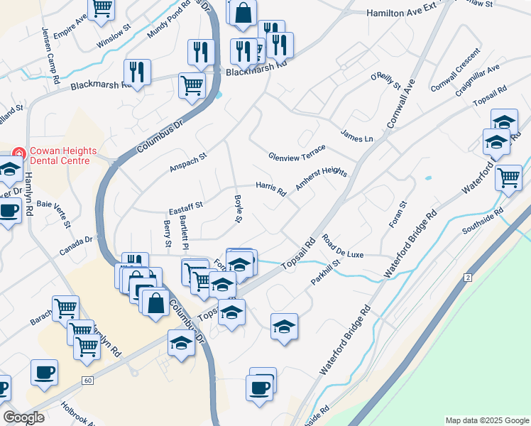 map of restaurants, bars, coffee shops, grocery stores, and more near 63 Amherst Heights in St. John's