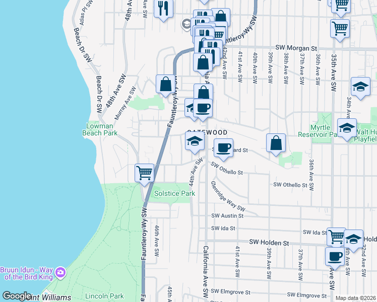 map of restaurants, bars, coffee shops, grocery stores, and more near 7135 44th Avenue Southwest in Seattle
