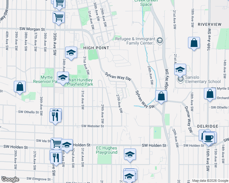 map of restaurants, bars, coffee shops, grocery stores, and more near 2713 Southwest Sylvan Heights Drive in Seattle