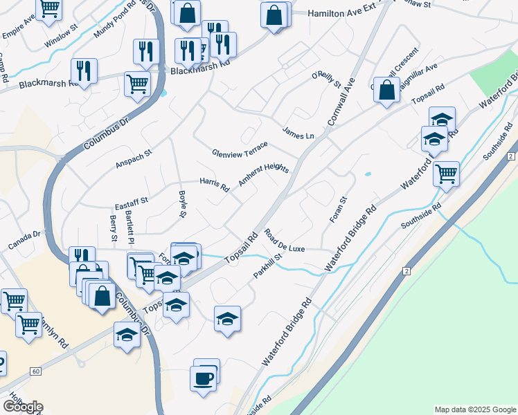 map of restaurants, bars, coffee shops, grocery stores, and more near 300 Topsail Road in St. John's
