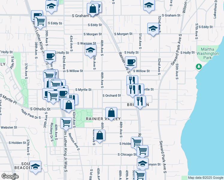 map of restaurants, bars, coffee shops, grocery stores, and more near 3639 Martin Luther King Junior Way South in Seattle