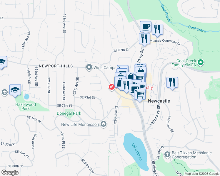 map of restaurants, bars, coffee shops, grocery stores, and more near 12833 Newcastle Way in Newcastle