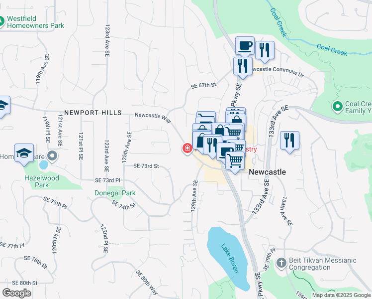 map of restaurants, bars, coffee shops, grocery stores, and more near 12824 Newcastle Way in Renton