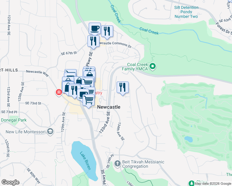 map of restaurants, bars, coffee shops, grocery stores, and more near 6981 134th Court Southeast in Newcastle