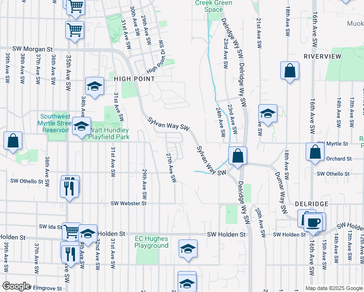 map of restaurants, bars, coffee shops, grocery stores, and more near 2667 Southwest Sylvan Heights Drive in Seattle
