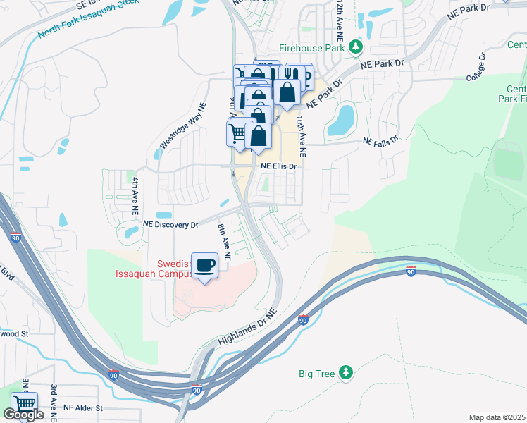 map of restaurants, bars, coffee shops, grocery stores, and more near 1332 Williamsburg Walk Northeast in Issaquah