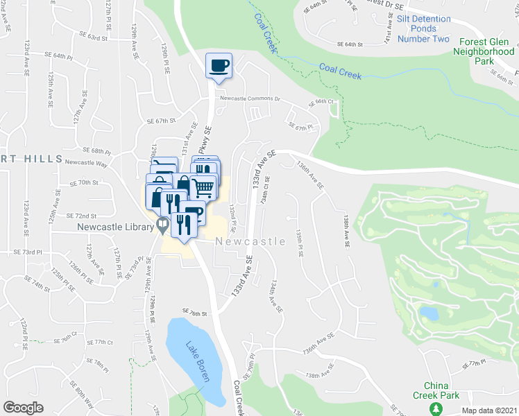 map of restaurants, bars, coffee shops, grocery stores, and more near 6981 134th Court Southeast in Newcastle