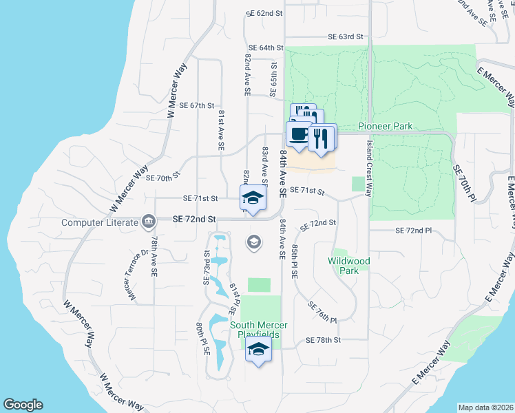 map of restaurants, bars, coffee shops, grocery stores, and more near 7058 82nd Avenue Southeast in Mercer Island