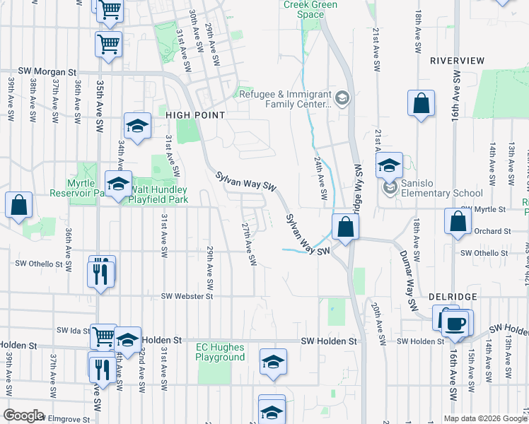 map of restaurants, bars, coffee shops, grocery stores, and more near 2667 Southwest Sylvan Heights Drive in Seattle