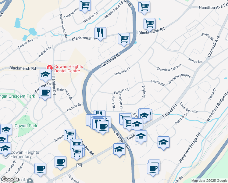 map of restaurants, bars, coffee shops, grocery stores, and more near 46 Eastaff Street in St. John's